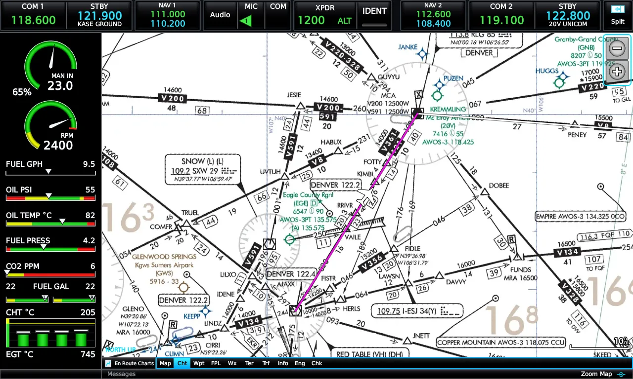 Georeferenced IFR low enroute chart with ownship and flight plan