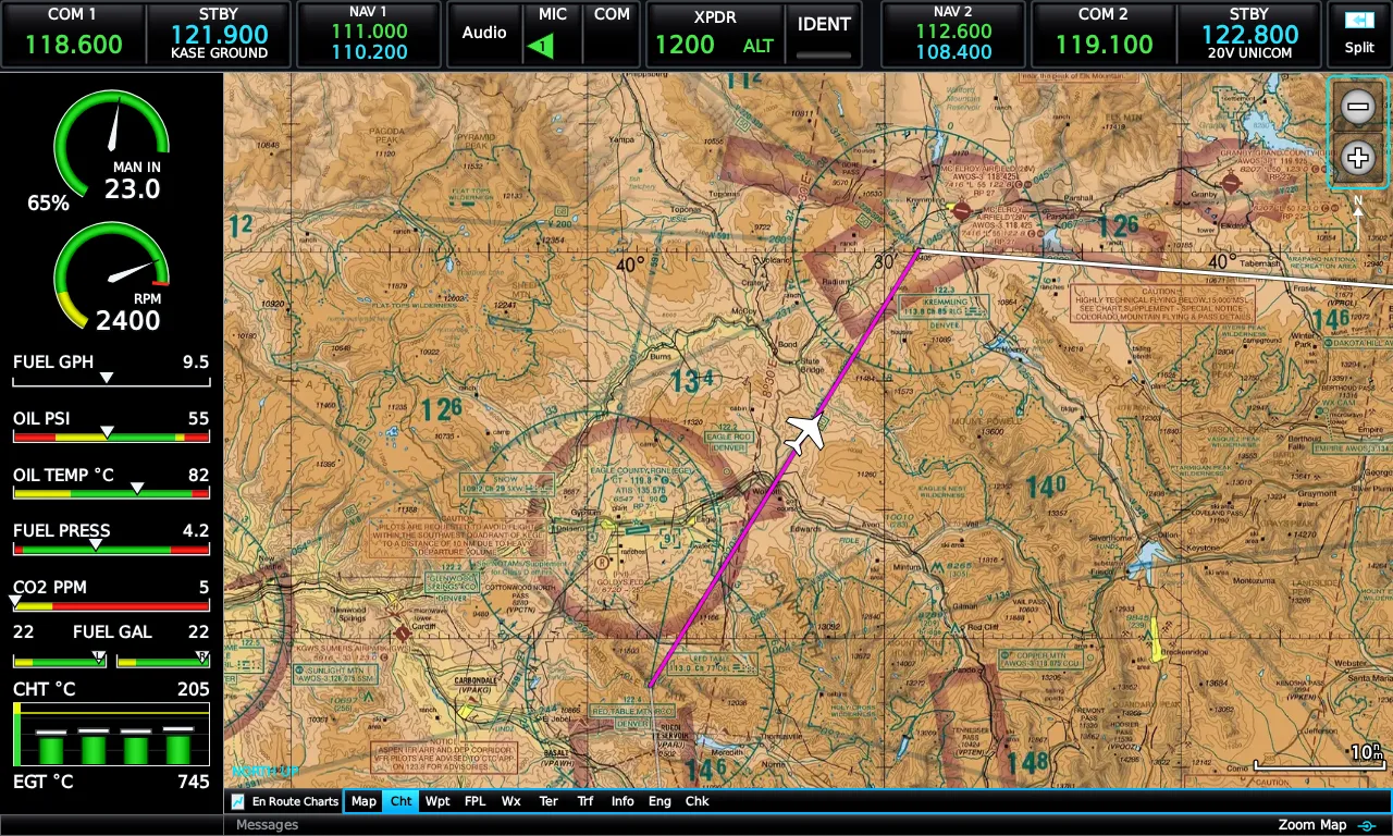 Georeferenced VFR sectional with ownship on the route