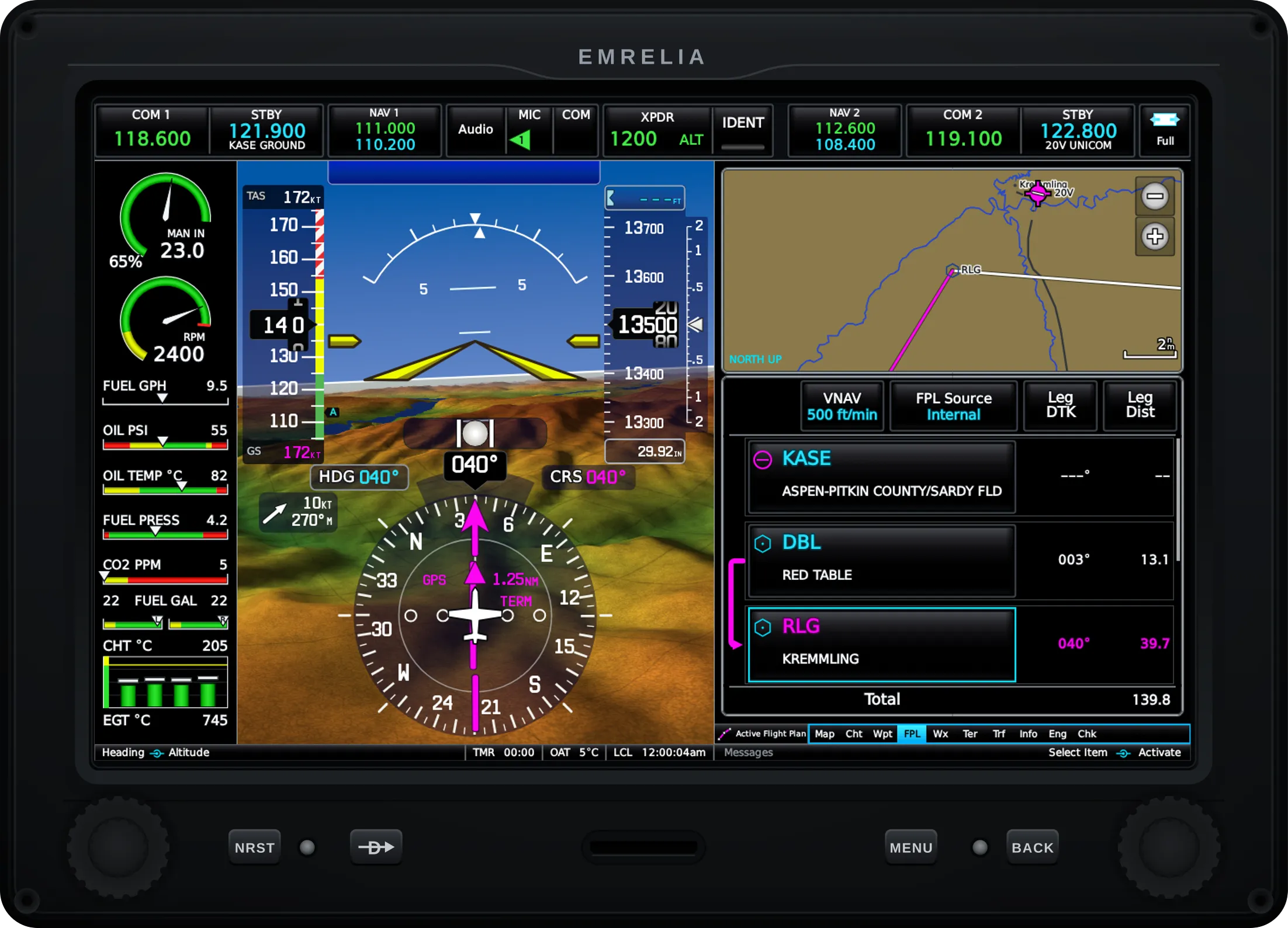 Emrelia E3X in split mode: synthetic-vision PFD beside the active flight plan