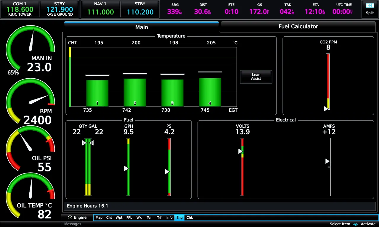 Engine page with per-cylinder CHT and EGT at cruise power