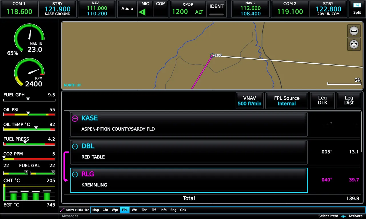 Active flight plan page with VNAV and leg data