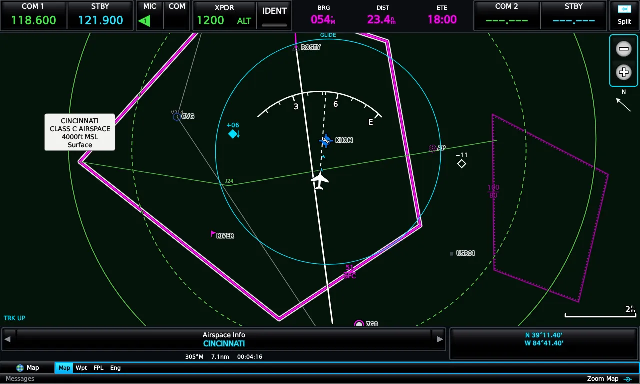 Airspace reviewed on the moving map
