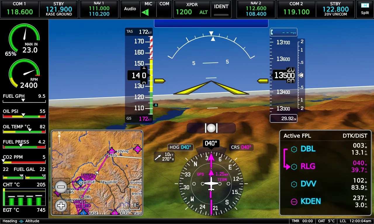 Full-screen PFD with synthetic vision over the Rockies, map and flight plan insets