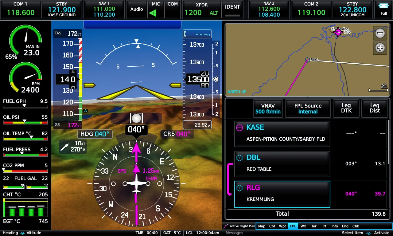 Split mode: synthetic-vision PFD beside the active flight plan